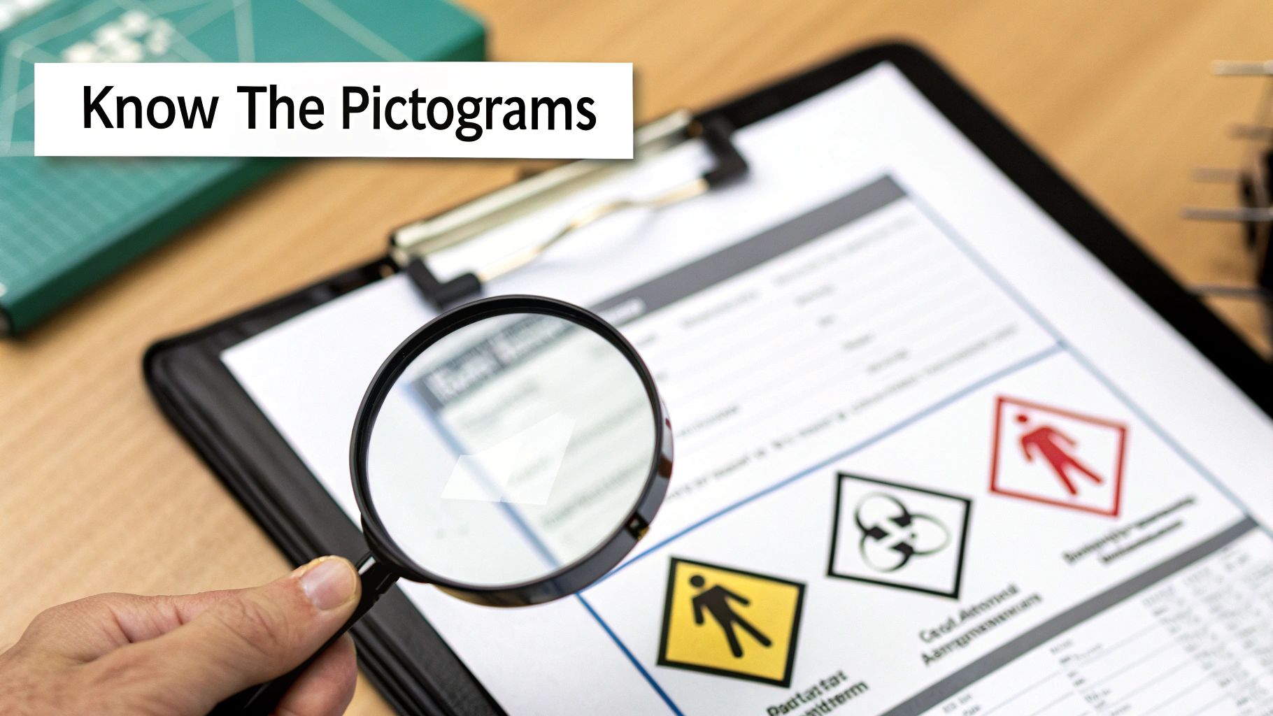 A hand with a magnifying glass examining a document displaying various safety pictograms and hazard symbols.