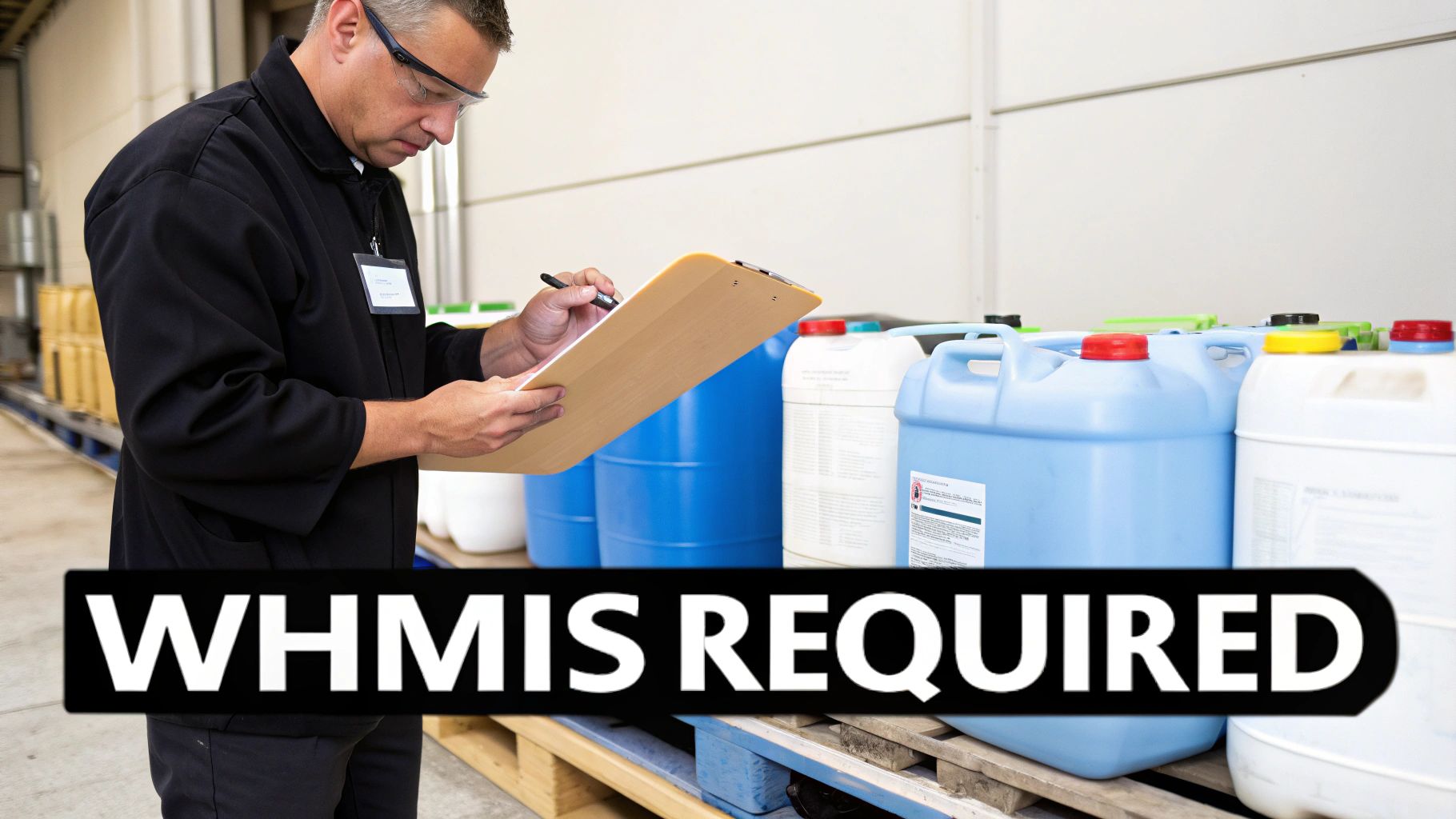 A man in safety glasses and uniform inspects a clipboard in a warehouse with chemical containers, with "WHMIS REQUIRED" overlay.