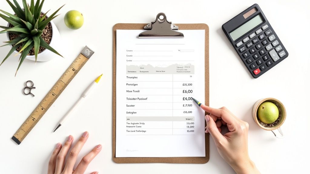 Overhead view of a person reviewing a financial document on a clipboard with a calculator and office supplies.