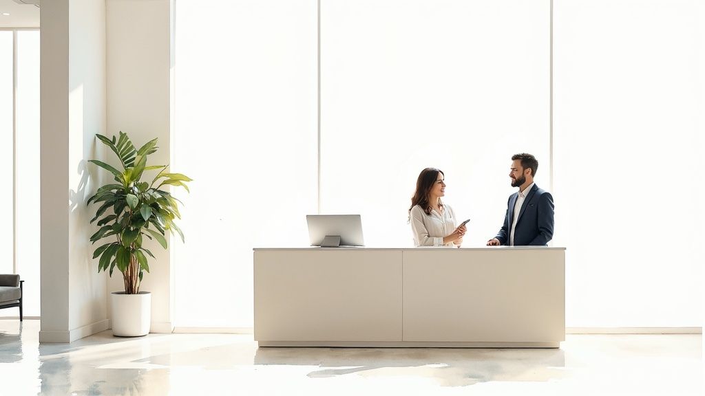 Two business professionals, a woman and a man, conversing at a modern office reception desk.