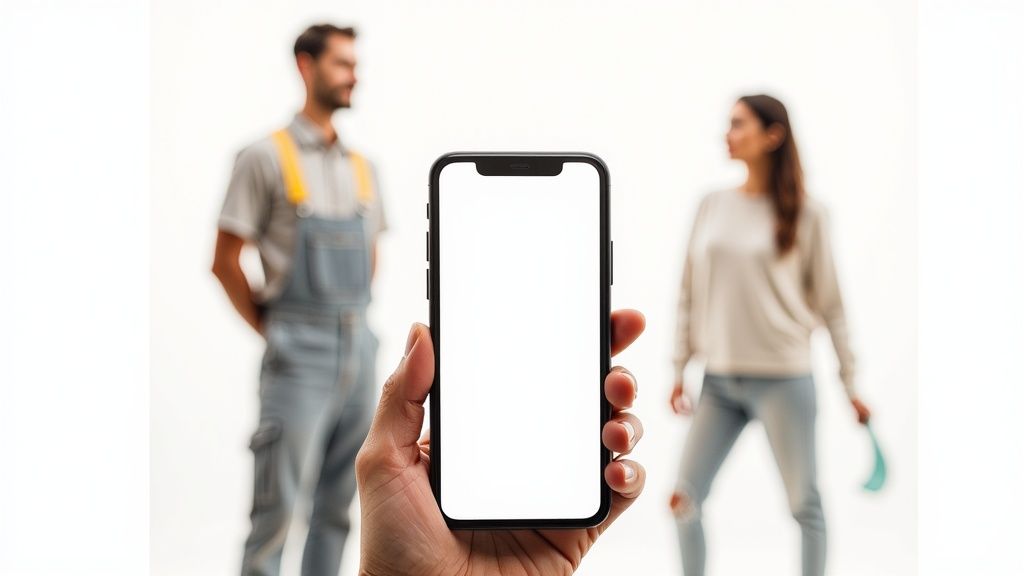 Hand holding smartphone with blank screen, blurred man in overalls and woman with cleaning tool in background.