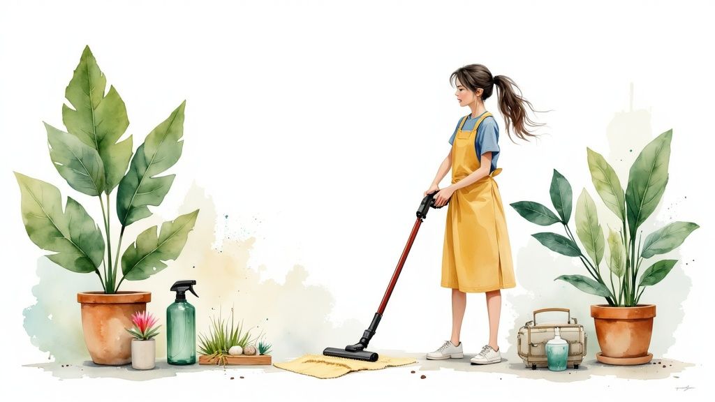 Watercolor illustration of a woman vacuuming a rug, surrounded by potted plants and cleaning supplies.