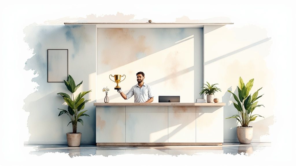 A smiling man behind a modern office desk proudly holds up a golden trophy.