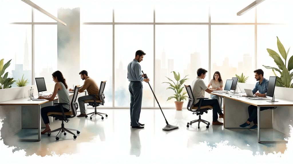 A man mops the floor in a modern open-plan office while employees work at their desks.