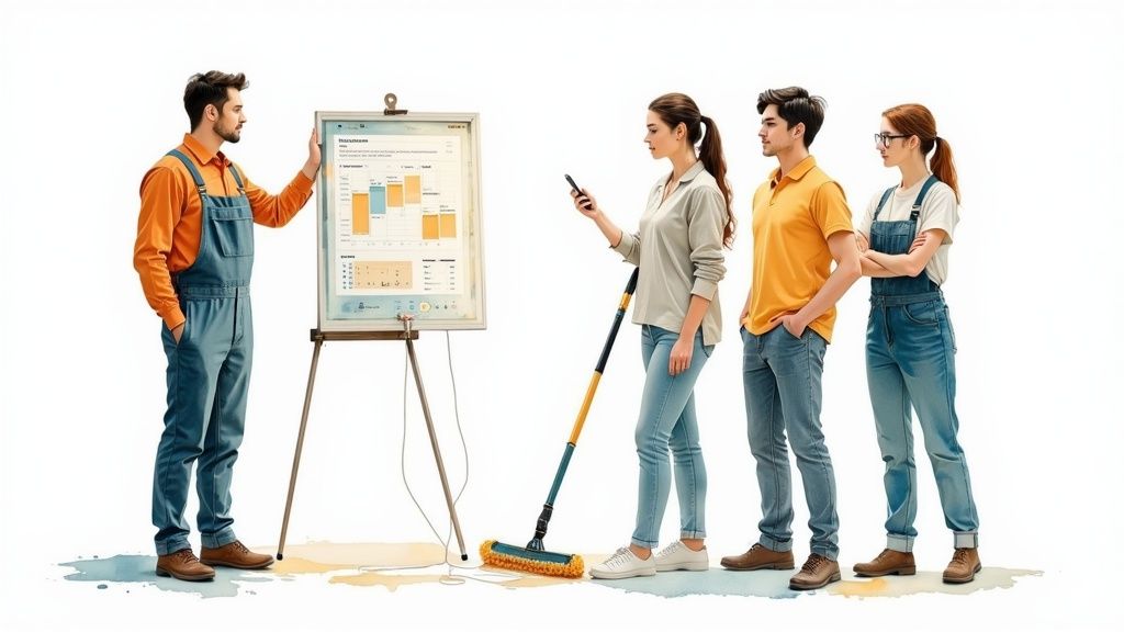 A team of cleaning professionals analyzing data on a whiteboard, with one holding a mop and smartphone.