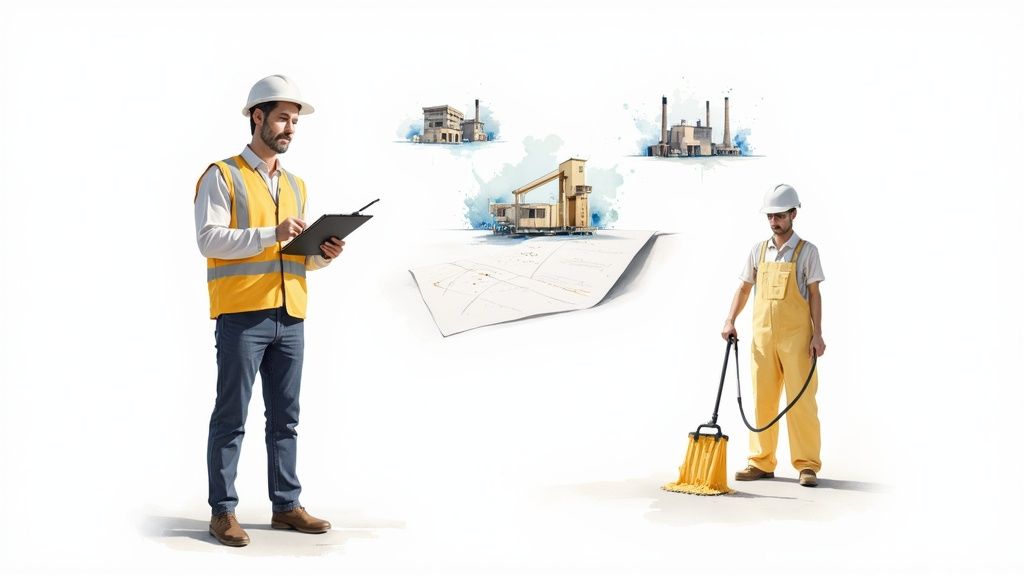 Two industrial workers: one supervisor inspecting, one cleaning. Industrial buildings and a blueprint are in the background.