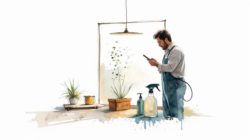 Watercolor painting of a man in overalls looking at his phone, surrounded by plants.