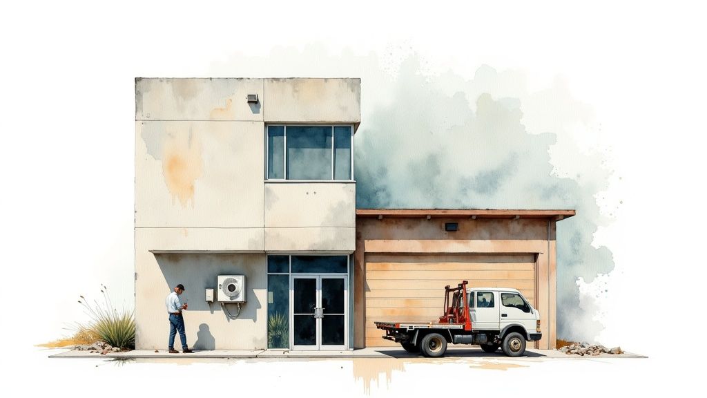 A man stands outside a modern commercial building with an attached garage and a flatbed utility truck.