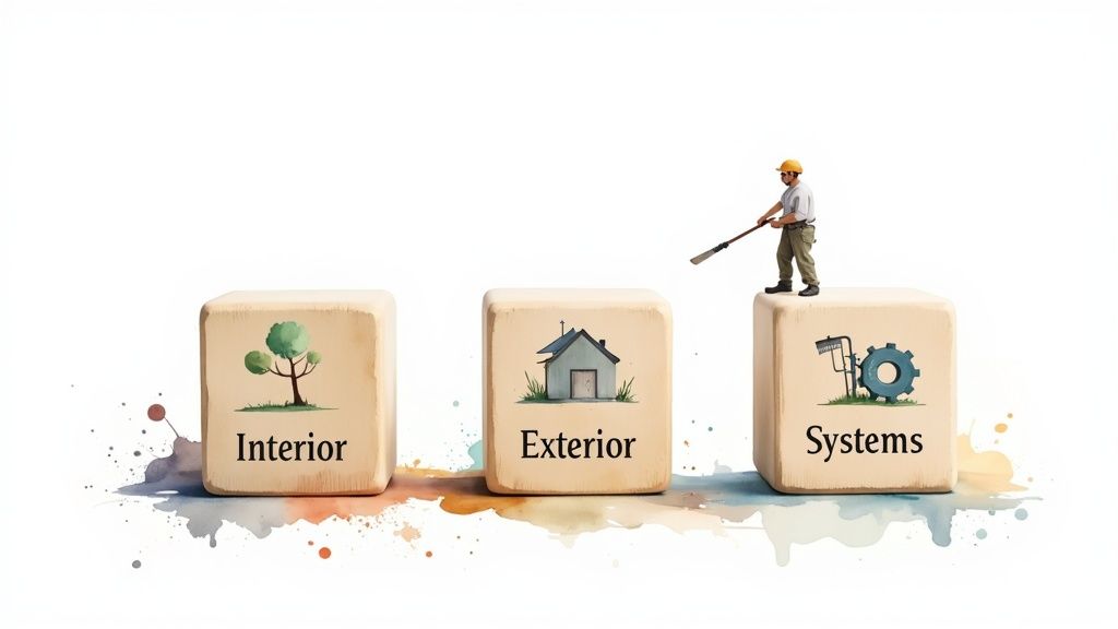Three blocks depicting interior, exterior, and systems maintenance, with a worker on the systems block.