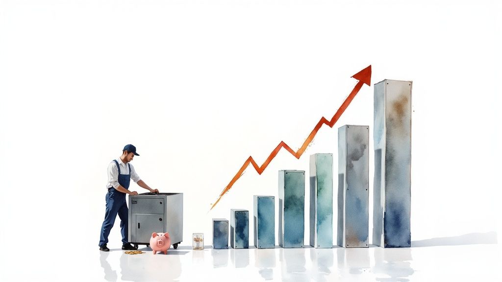 Maintenance worker next to equipment and piggy bank, with a bar chart showing financial growth.