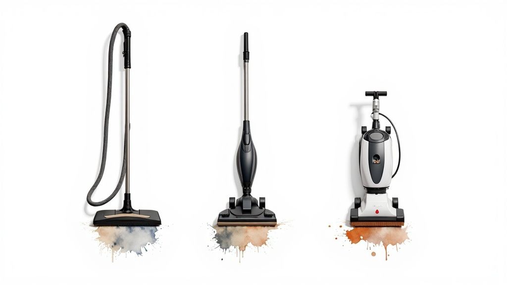 Three diverse carpet cleaning machines with artistic watercolor splashes on a crisp white background.