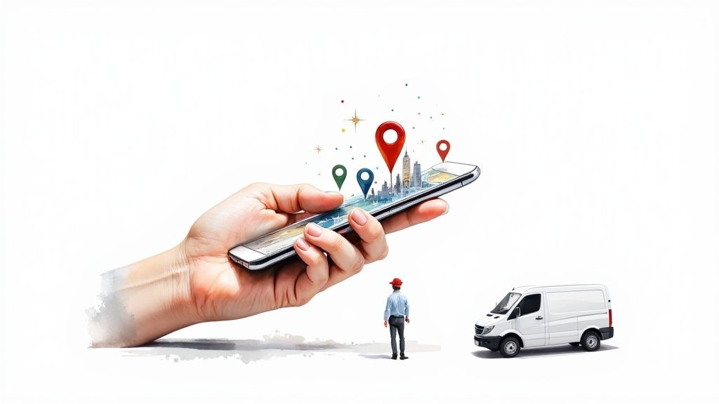 A hand holds a smartphone displaying a city map with location pins, next to a person and a delivery van.