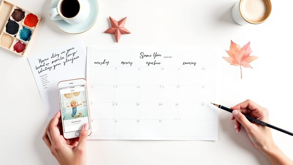 Overhead view of a person planning their schedule on a calendar with a phone, coffee, and art supplies.