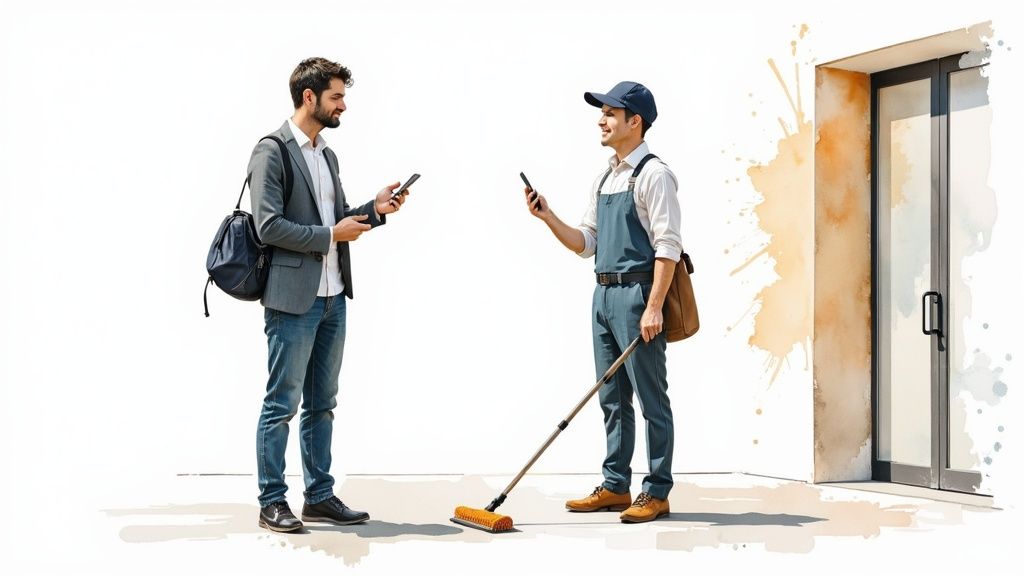 Two men, one in a suit jacket and another in work overalls, both using their smartphones.