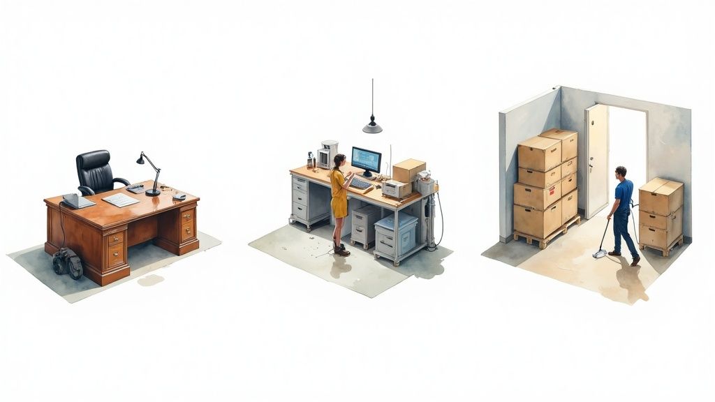 Three distinct isometric office scenes: a desk, a woman working, and a man cleaning a storage area.