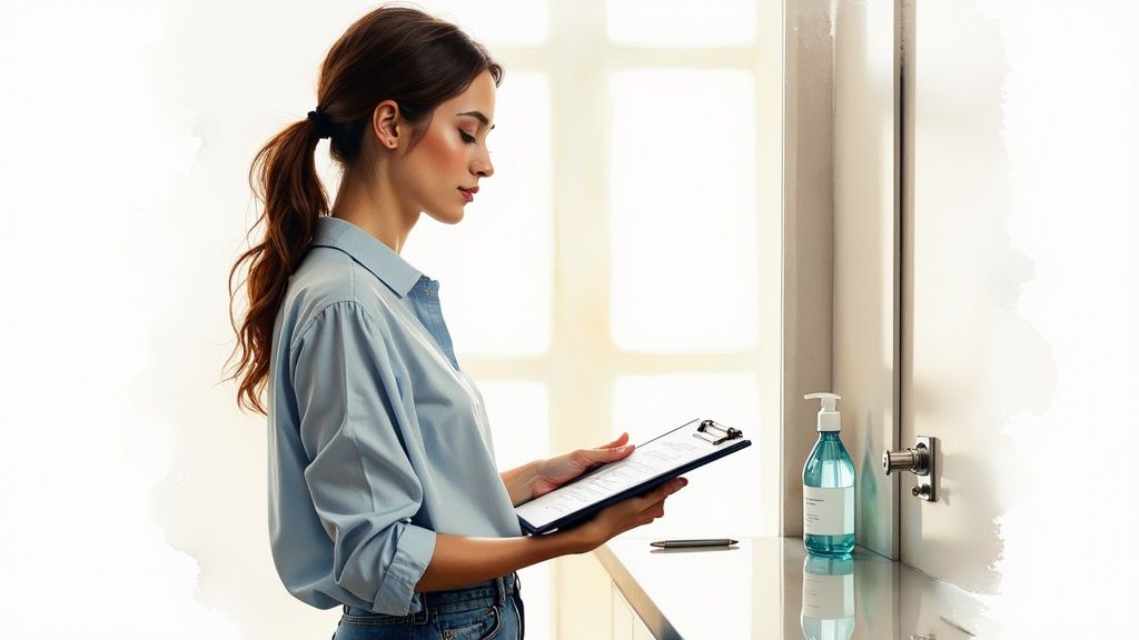 A woman with a ponytail reviews documents on a clipboard next to a hand sanitizer dispenser.