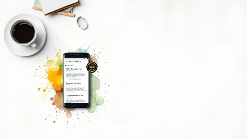 Office desk flat lay with coffee, notebook, and smartphone showing office cleaning schedules.