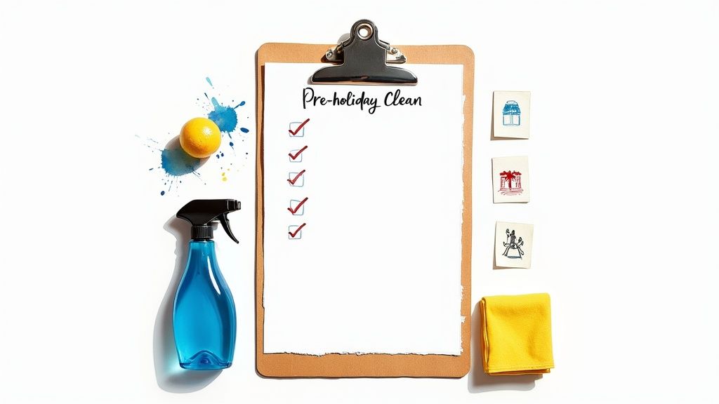 Overhead view of a "Pre-holiday Clean" checklist with cleaning spray, orange, cloth, and holiday drawings.
