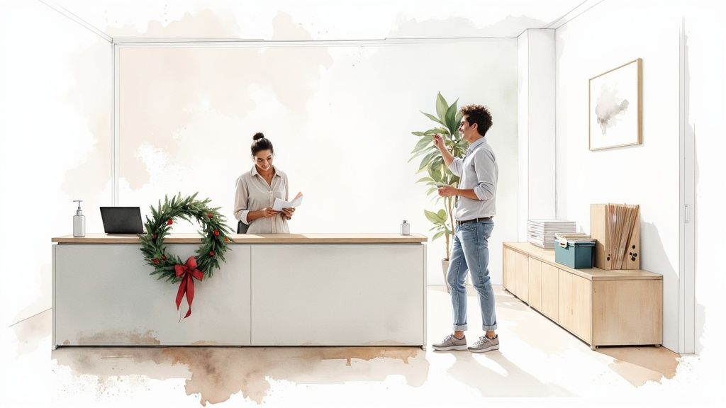 Two colleagues in a modern office with festive Christmas decorations, including a wreath.