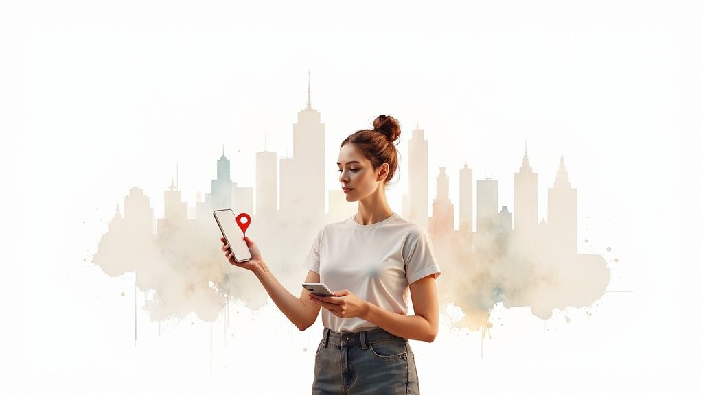 A woman holds two smartphones, one displaying a red location pin, against a watercolor city skyline.