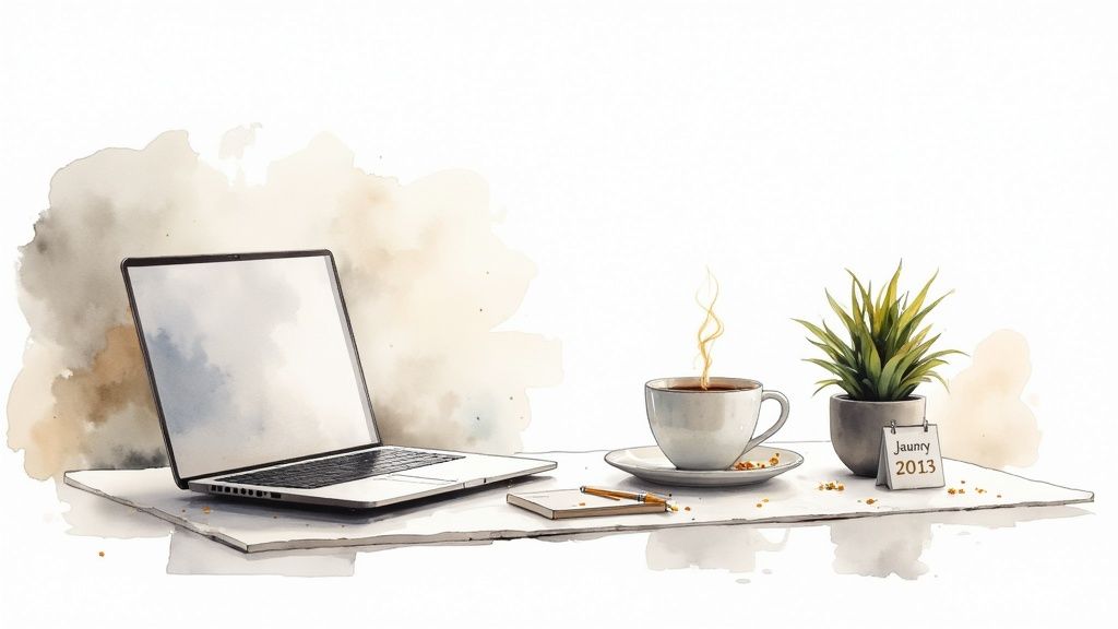 Watercolor illustration of a serene workspace with a laptop, steaming coffee, plant, and notebook.