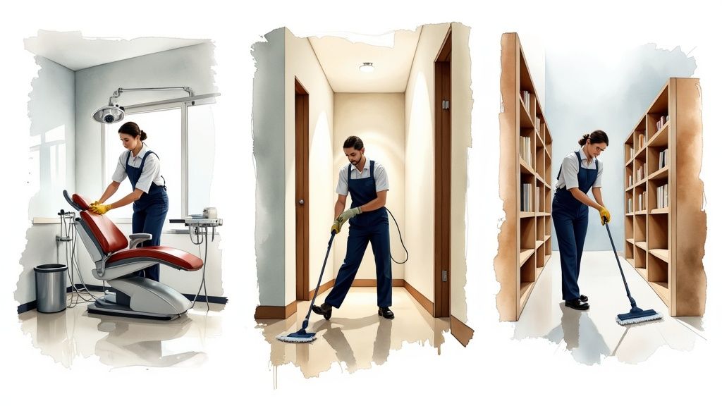 Three professional cleaners diligently working in various settings like a dental office, hallway, and library.