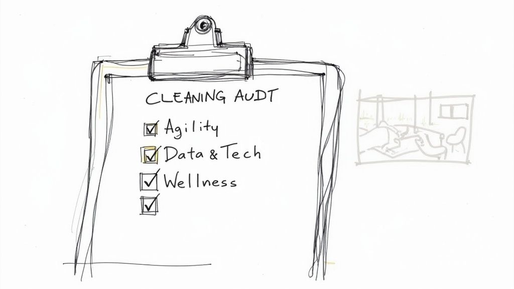 Hand-drawn clipboard titled 'Cleaning Audit' with checklist items Agility, Data & Tech, and Wellness checked, beside an office sketch.