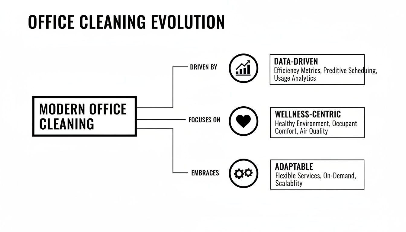 Diagram illustrating the evolution of office cleaning, detailing modern approaches driven by data, wellness, and adaptability.