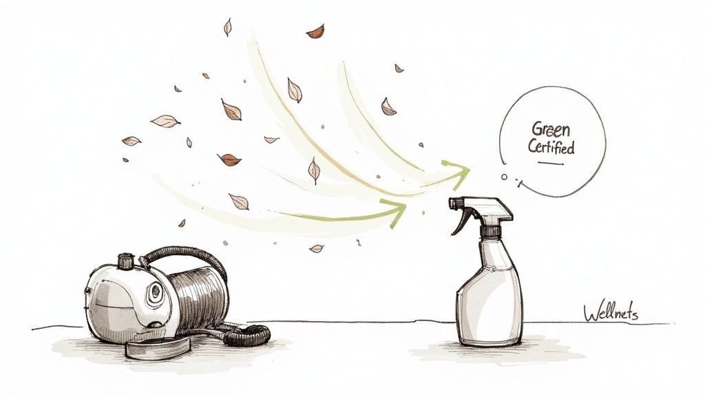 Illustration shows a vacuum cleaner and a 'Green Certified' spray bottle, symbolizing a shift to eco-friendly cleaning.