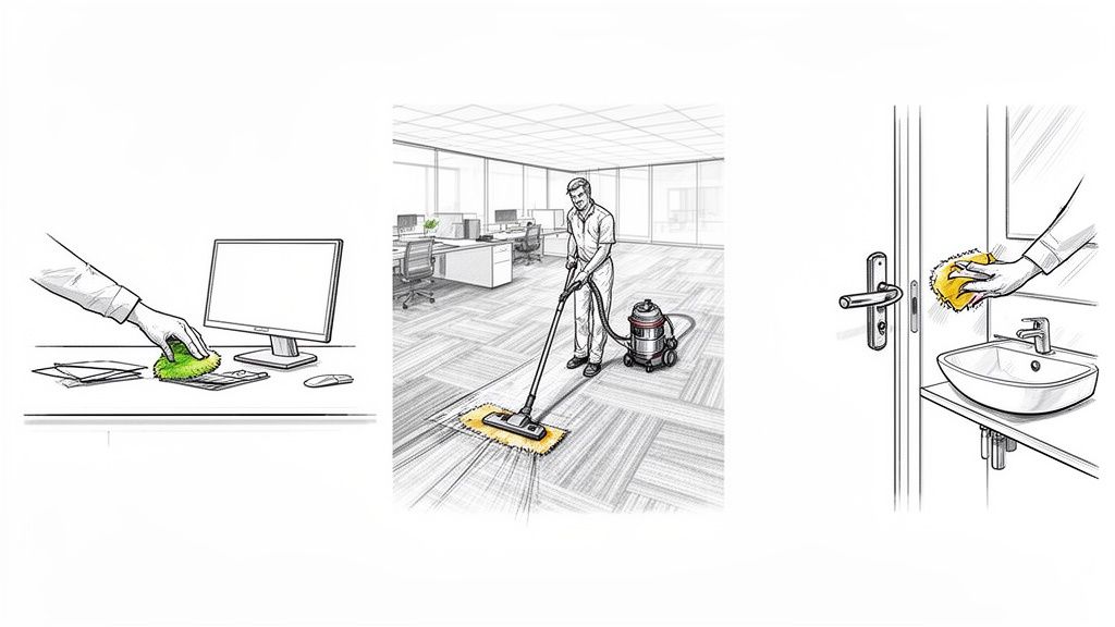 Illustrations of professional cleaning: wiping a desk, vacuuming an office, and scrubbing a bathroom sink.