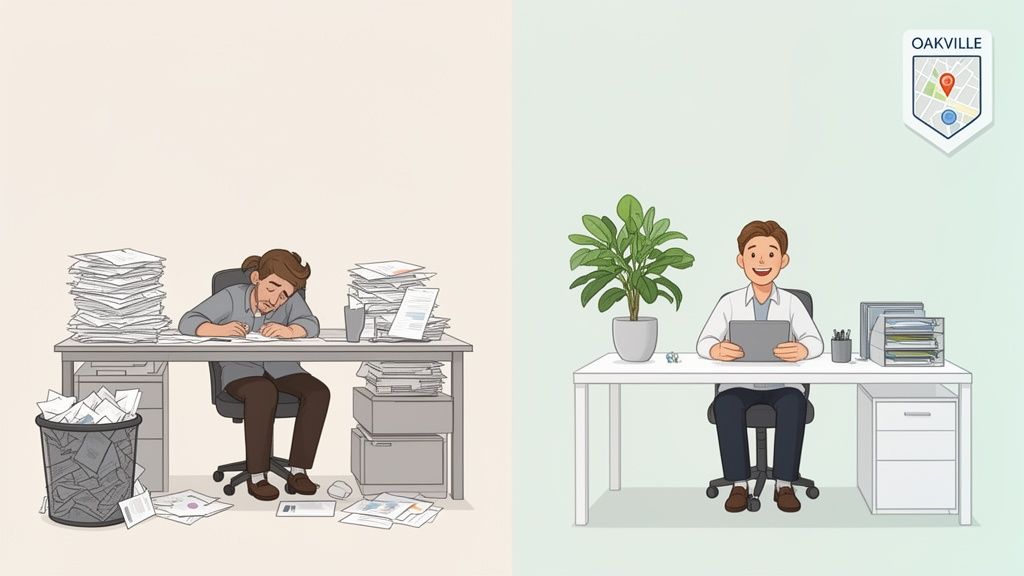 A split image contrasting a messy, stressful office with a tired worker and a clean, efficient workspace in Oakville.