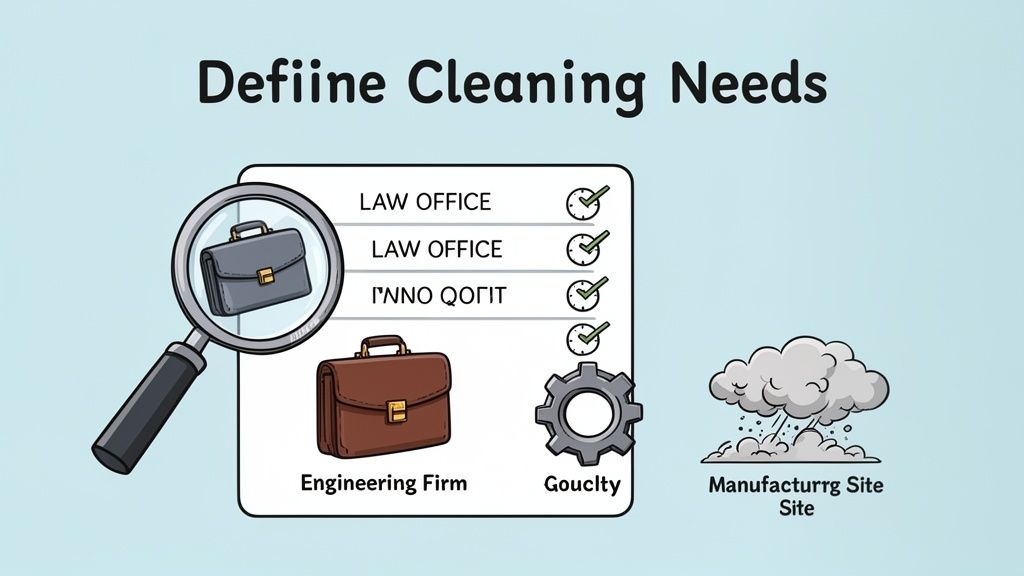Illustration of 'Define Cleaning Needs' with a checklist for law offices, engineering firms, and manufacturing sites, using relevant icons.