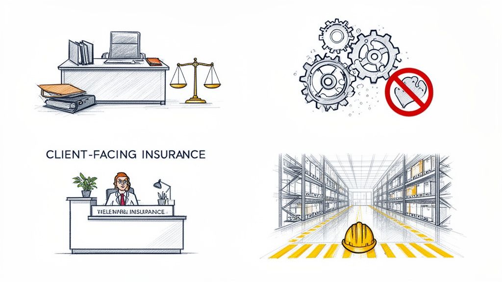 Sketches illustrating legal services, business processes, client-facing insurance, and warehouse safety.