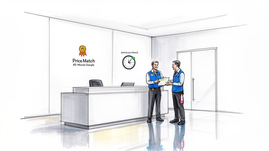 Two smiling male employees in blue vests discussing documents at a modern reception desk.