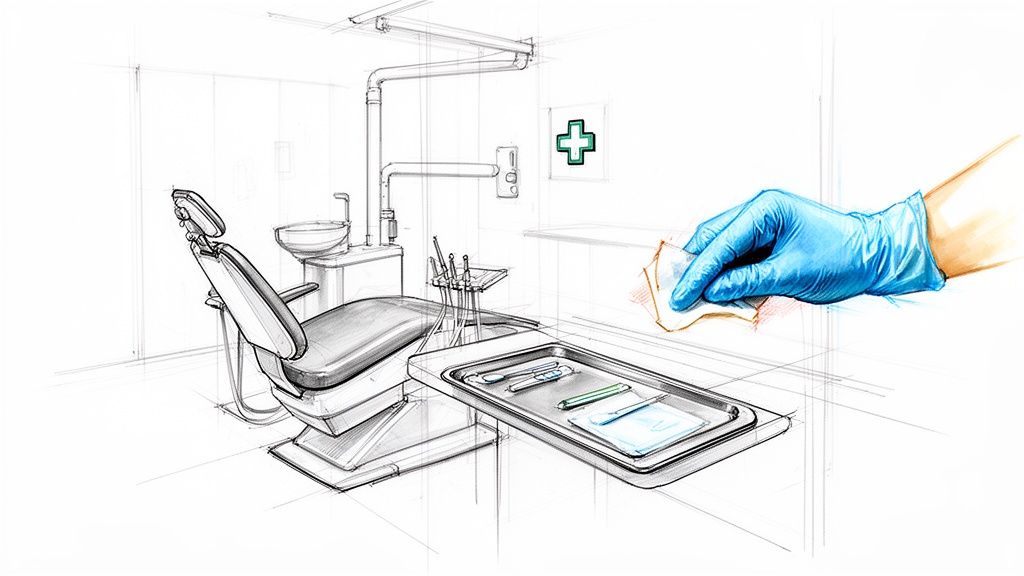 A detailed sketch of a dental operatory with a gloved hand wiping a surface for sanitation.
