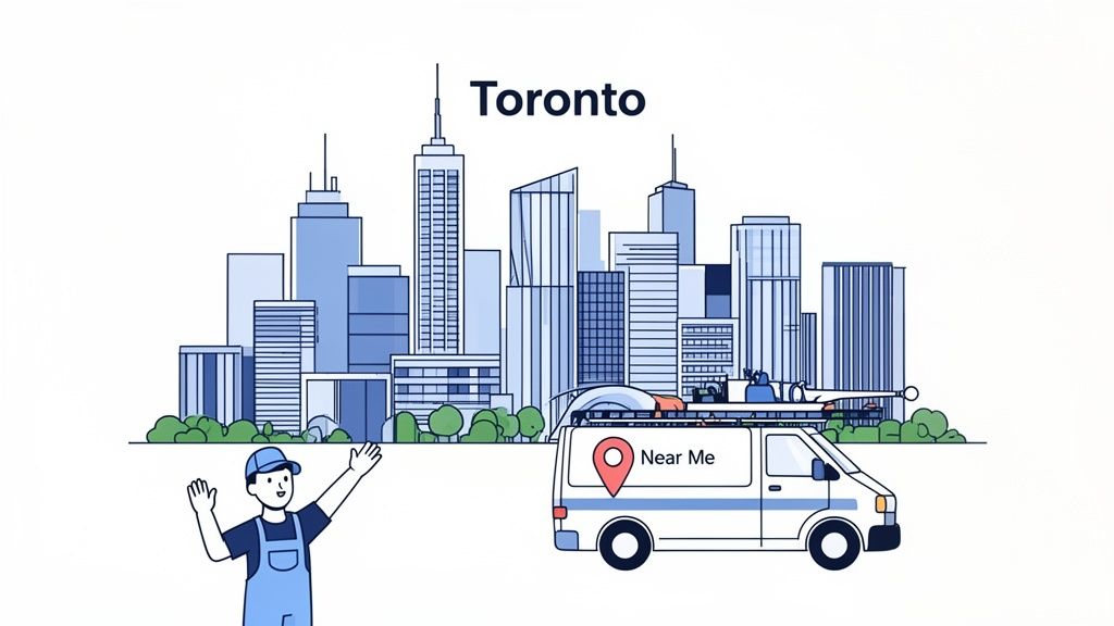 A service technician waves in front of the Toronto skyline and a service van with a 'Near Me' pin.