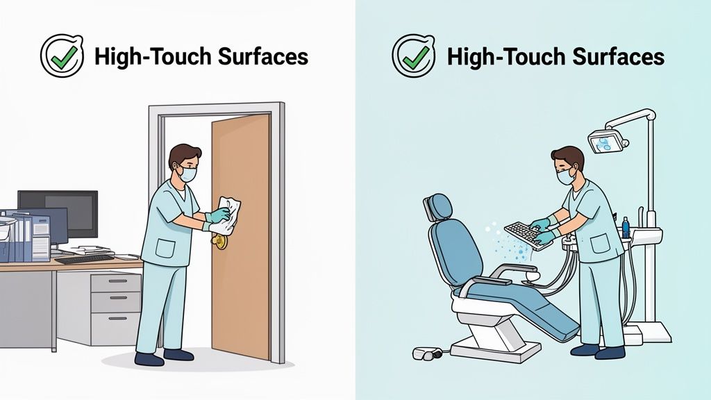 Illustrations of commercial cleaners sanitizing high-touch surfaces in office and medical settings.