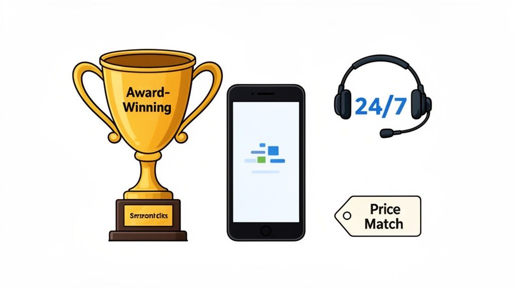 Illustration of an award-winning trophy, a smartphone app, 24/7 support headset, and a price match tag.