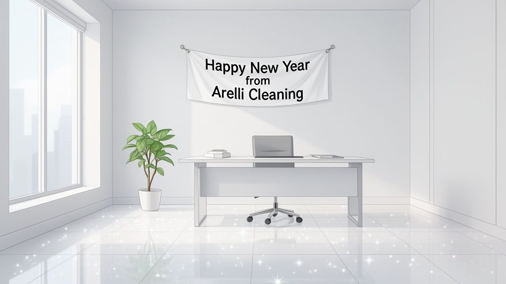 A bright, clean office with a 'Happy New Year from Arelli Cleaning' banner, desk, and plant.