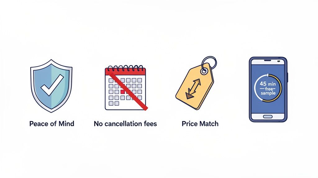 Four icons representing service benefits: peace of mind, no cancellation fees, price match, and a 45-minute free sample.