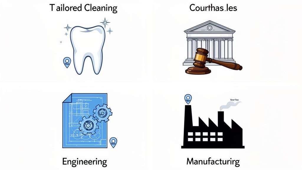 Four panels with icons and text: Tailored Cleaning, Courthas.les, Engineering, and Manufacturing services.