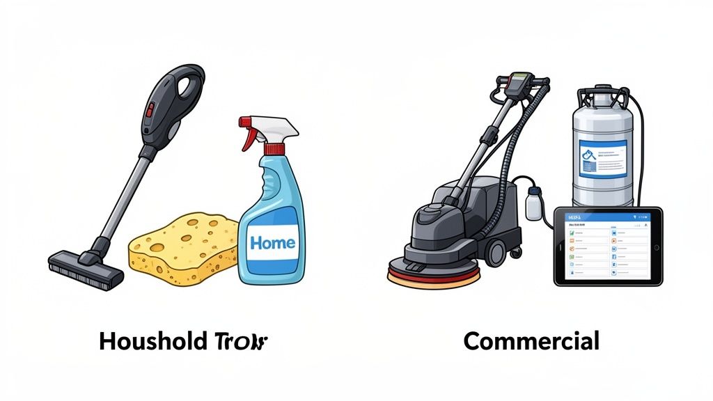 Comparison of home cleaning supplies like a vacuum and spray bottle versus commercial cleaning machinery and tech.