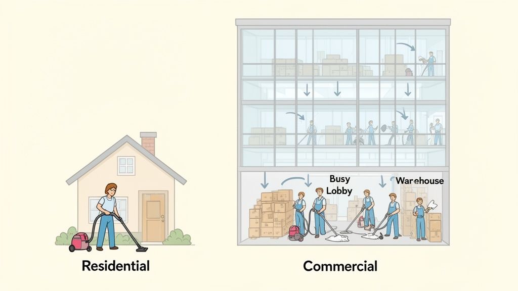 An illustration comparing residential cleaning of a house with commercial cleaning of a multi-story building.