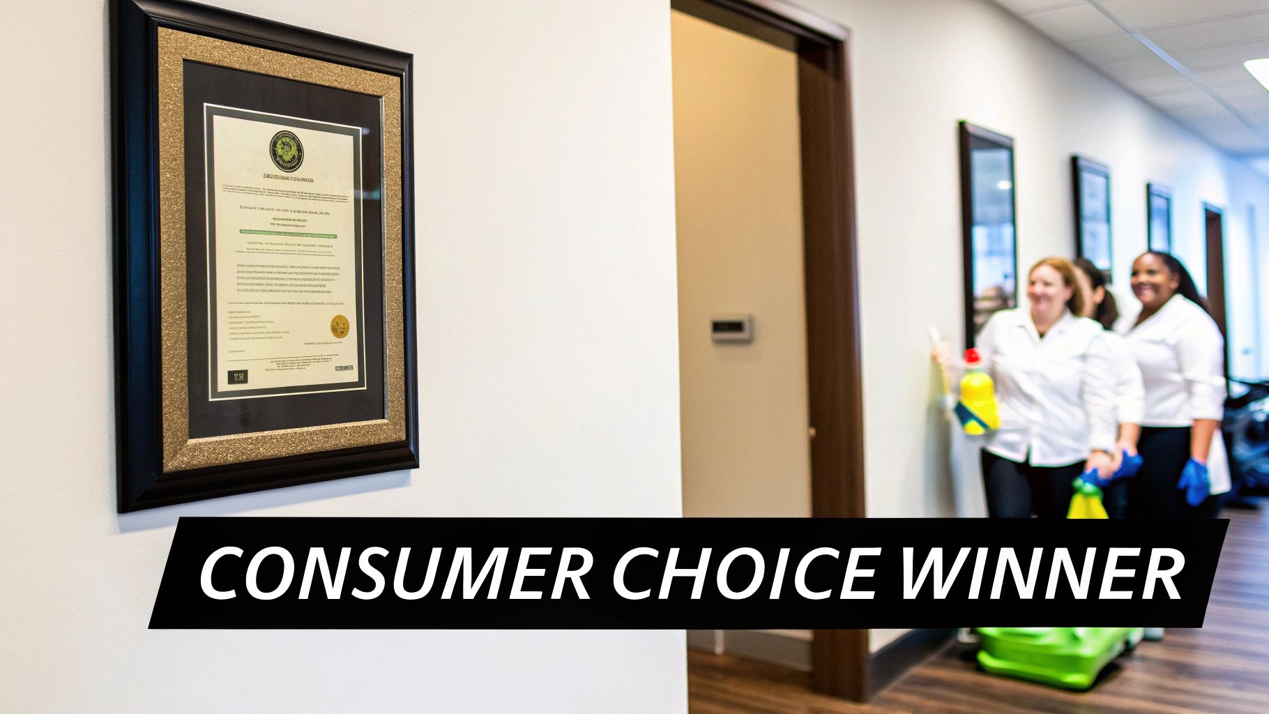 Framed 'Consumer Choice Winner' award on a wall, with cleaning staff and supplies in a hallway.