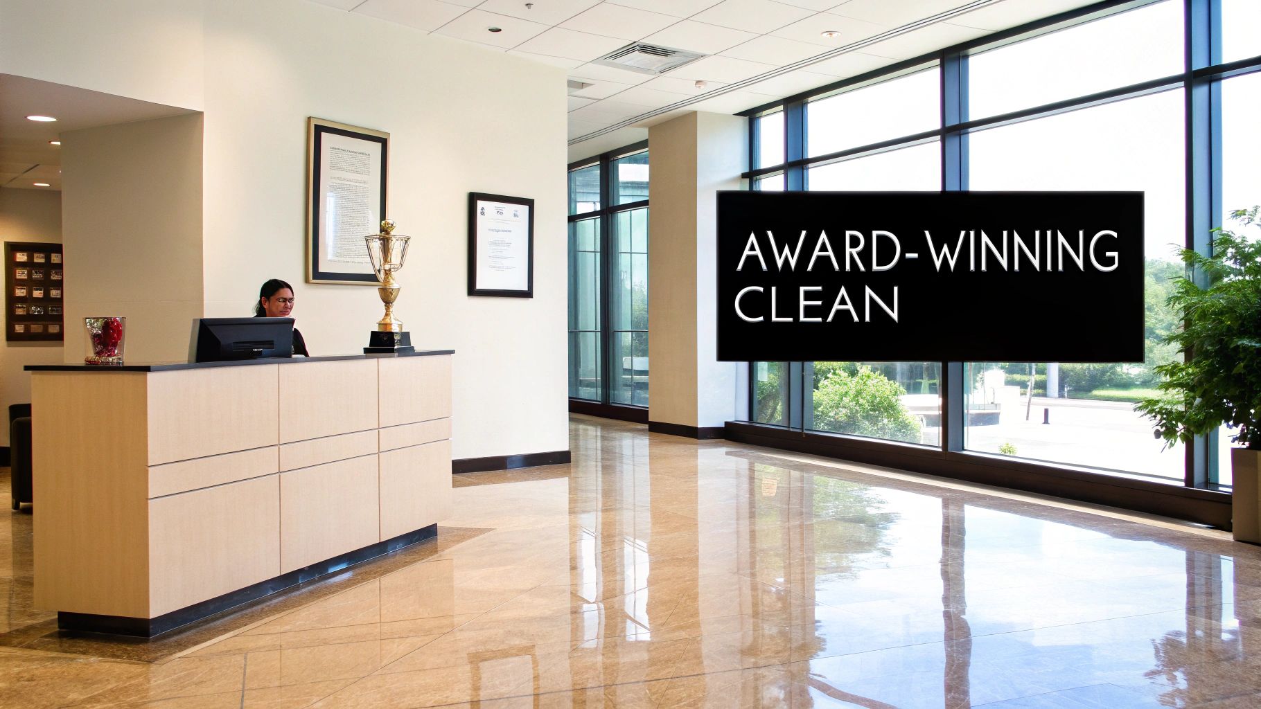 A modern, bright office reception area with a receptionist, shiny floors, and an 'AWARD-WINNING CLEAN' sign on the window.