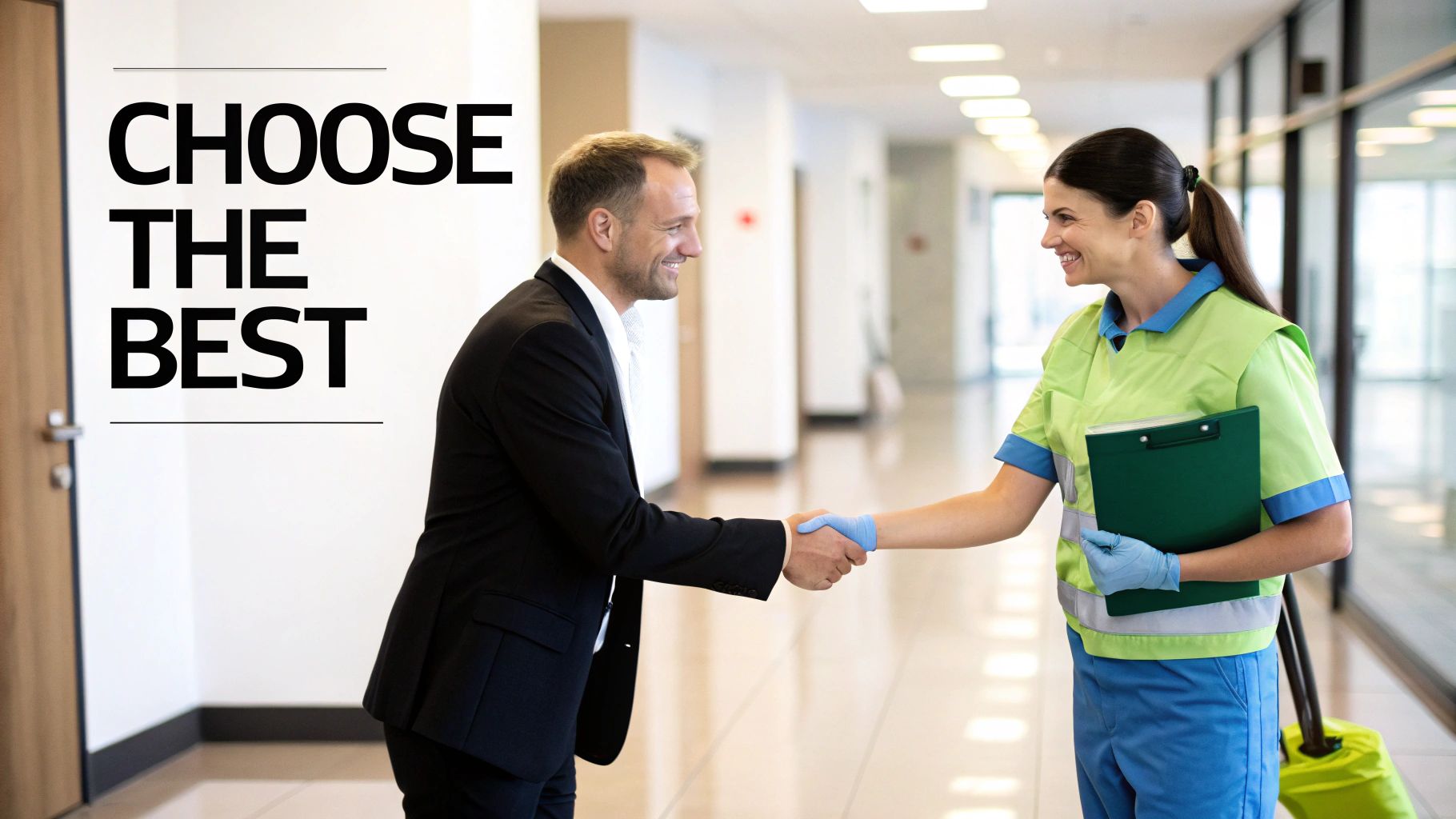 A man in a suit shakes hands with a smiling female cleaner in a hallway, demonstrating partnership.