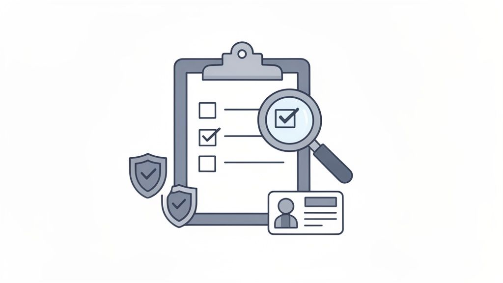 An illustration depicting a secure verification process with a checklist, magnifying glass, security shields, and ID card.