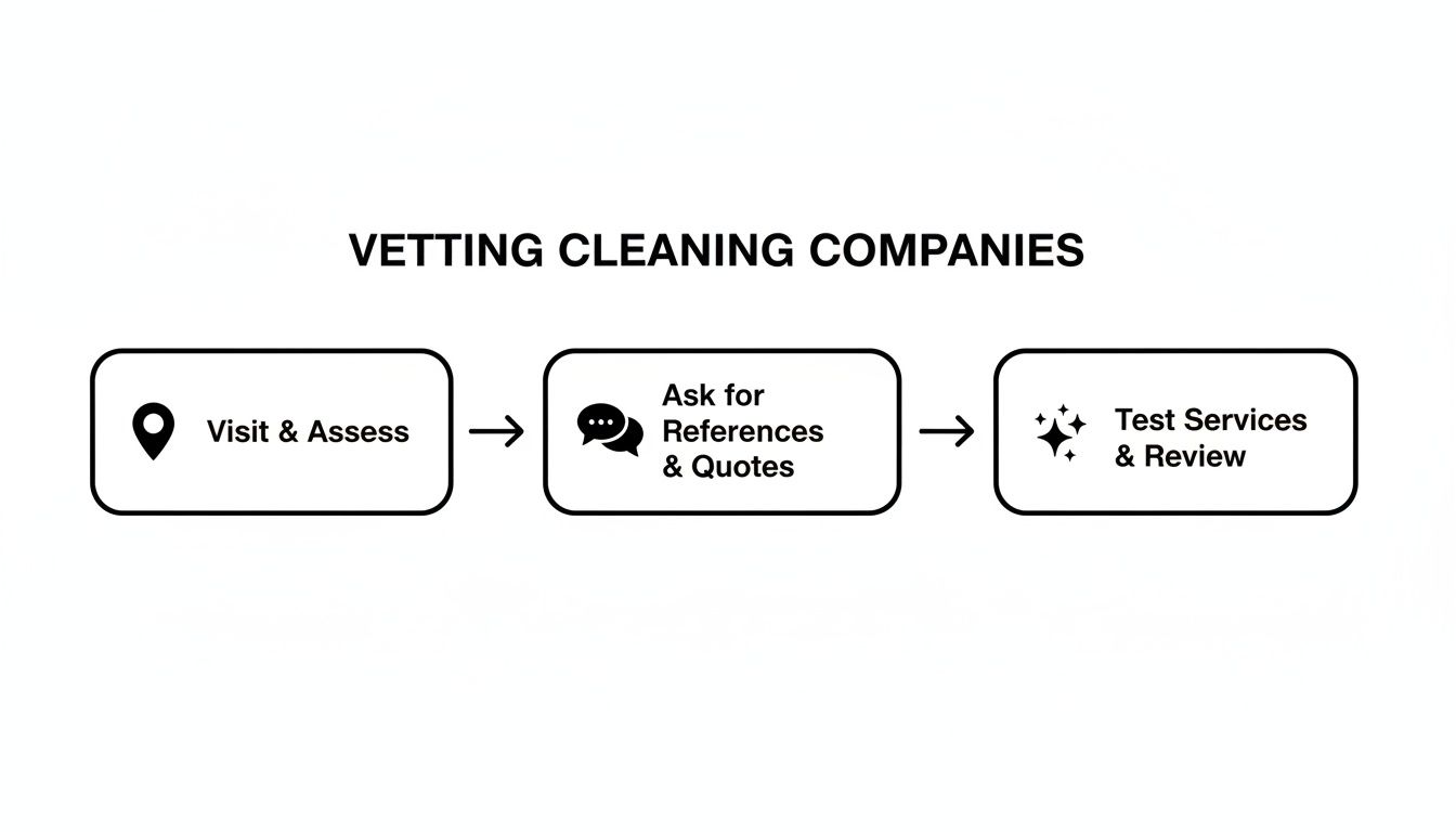 Flowchart showing steps to vet cleaning companies: visit, assess, ask for references and quotes, then test and review services.