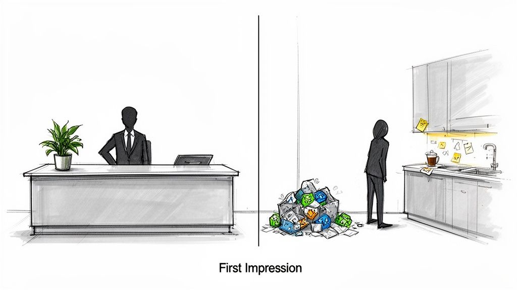 A neat office desk with a professional contrasted with a messy kitchen and overflowing trash, illustrating 'First Impression'.