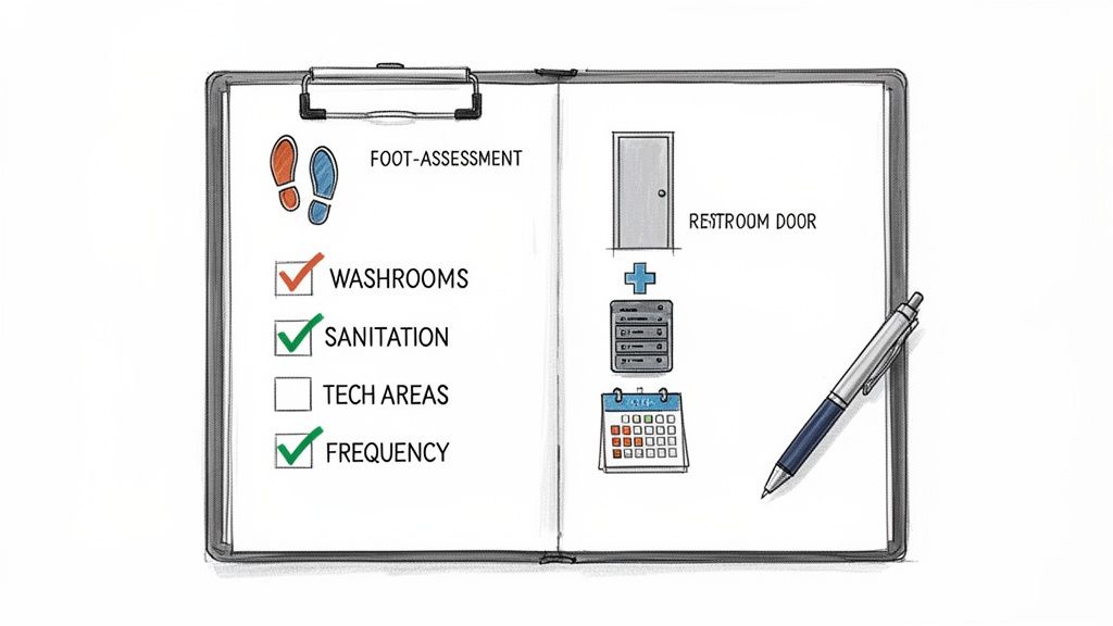 A clipboard showing a facility assessment checklist for cleaning, sanitation, and frequency, with related icons.
